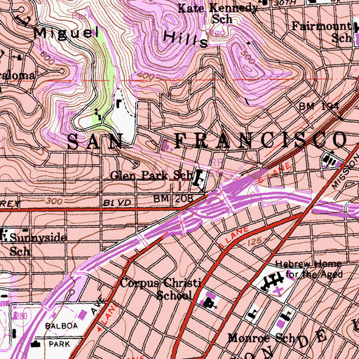 Topographic Map of Glen Park Elementary School, CA
