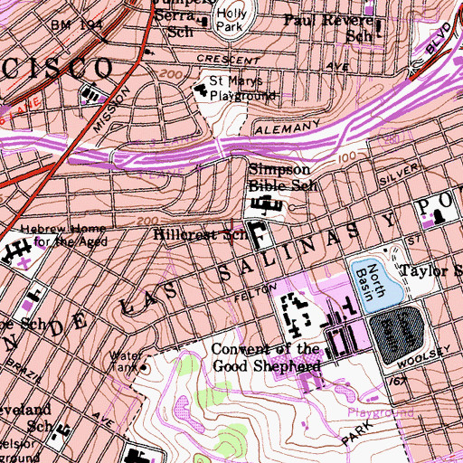Topographic Map of Hillcrest Elementary School, CA