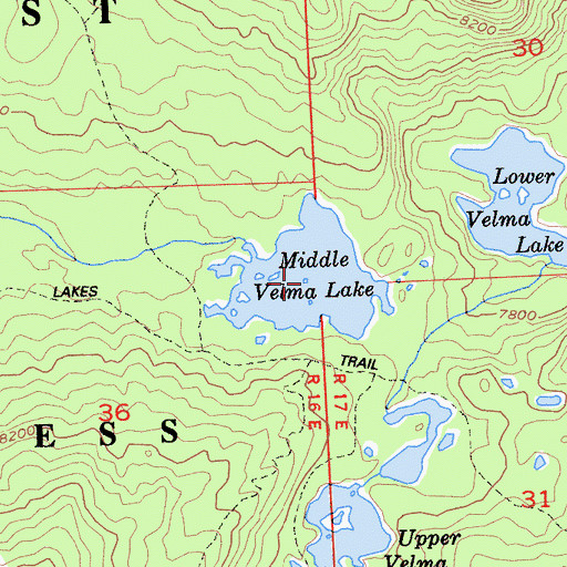 Topographic Map of Middle Velma Lake, CA