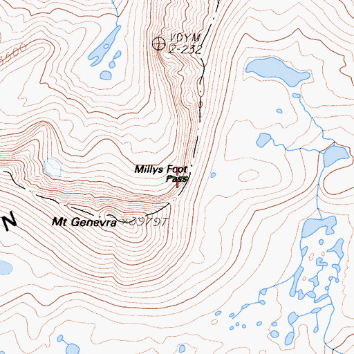 Topographic Map of Millys Foot Pass, CA