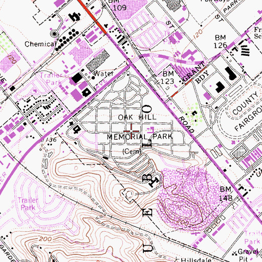 Topographic Map of Oak Hill Memorial Park, CA
