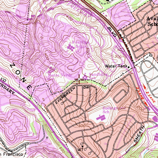 Topographic Map of Carl Sandburg Elementary School (historical), CA