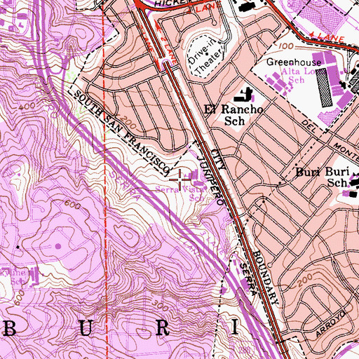 Topographic Map of Serra Vista School, CA