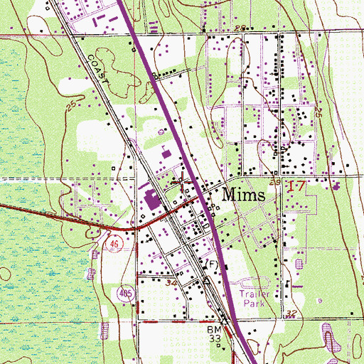 Topographic Map of Mims Volunteer Fire Department, FL