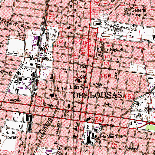 Topographic Map of Opelousas Police Department, LA