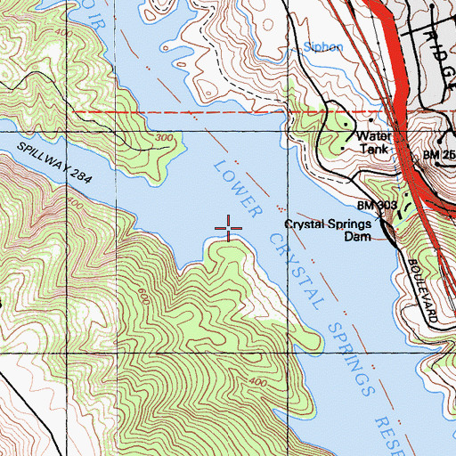 Topographic Map of Lower Crystal Springs Reservoir, CA