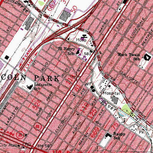 Topographic Map of Lincoln Park Greyhound Station, MI