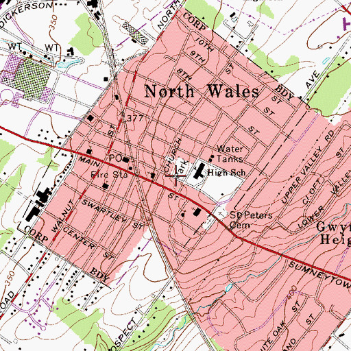 Topographic Map of North Wales Library, PA