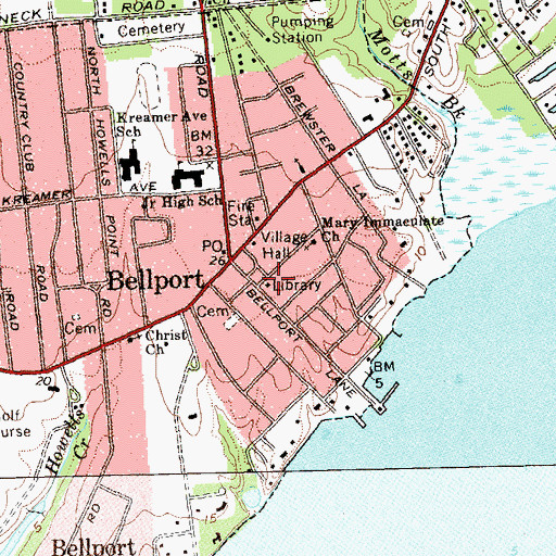 Topographic Map of Bellport Memorial Library, NY