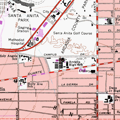 Topographic Map of Arcadia High School, CA