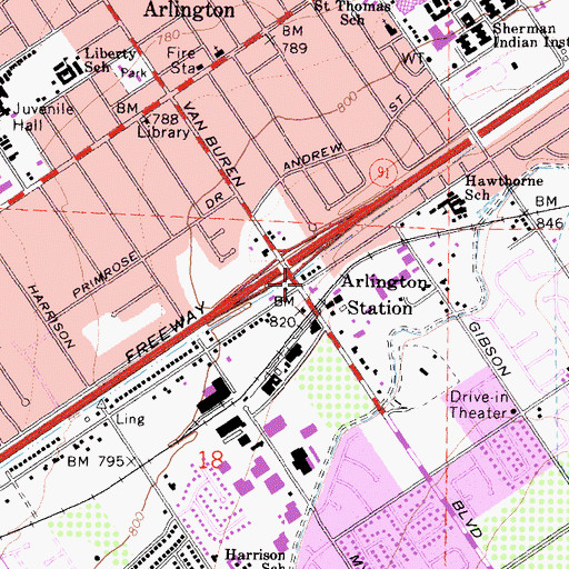 Topographic Map of Arlington Station, CA