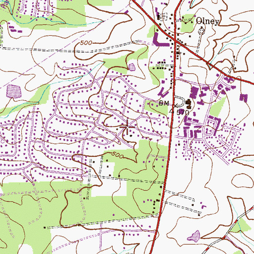 Topographic Map of Olney Census Designated Place, MD
