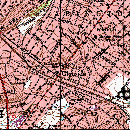 Topographic Map of Glenside Census Designated Place, PA