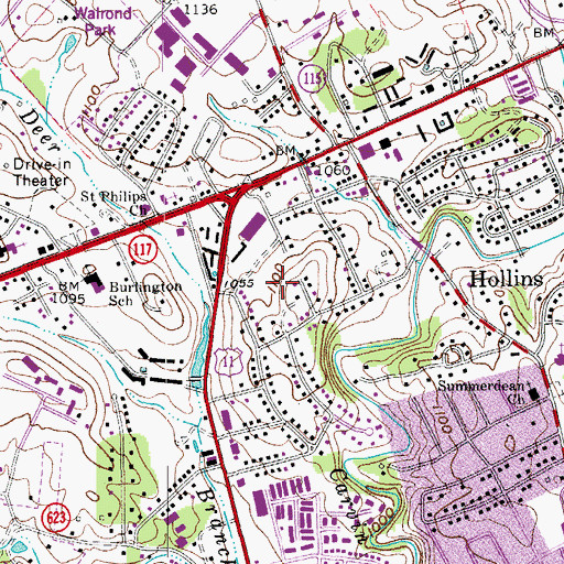 Topographic Map of Hollins Census Designated Place, VA