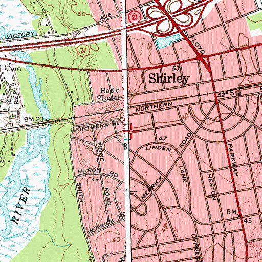 Topographic Map of Shirley Census Designated Place, NY