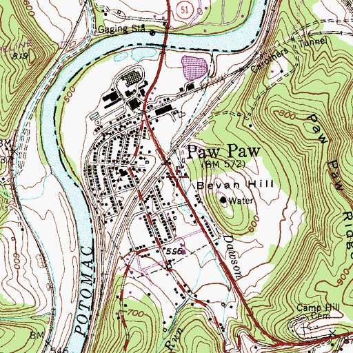 Topographic Map of Town of Paw Paw, WV