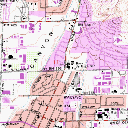 Topographic Map of Brea Junior High School, CA