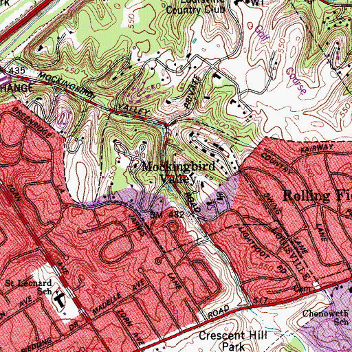 Topographic Map of City of Mockingbird Valley, KY