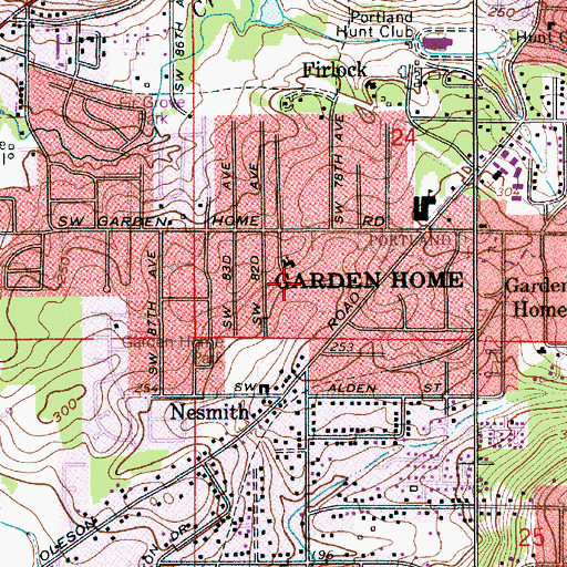 Topographic Map of Garden Home-Whitford Census Designated Place, OR