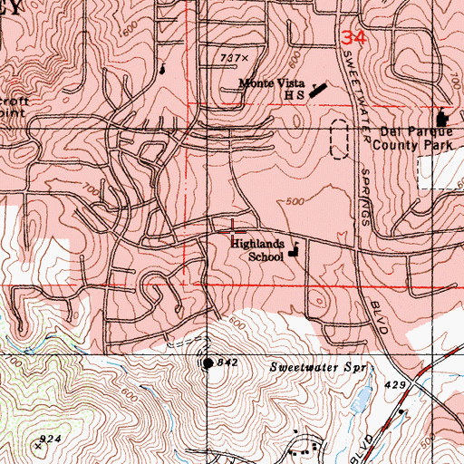 Topographic Map of Spring Valley Census Designated Place, CA