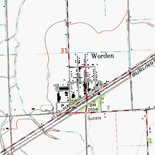 Topographic Map of Worden Census Designated Place, MT