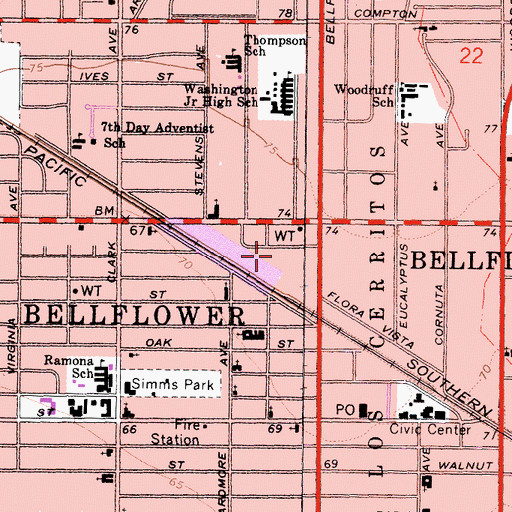 Topographic Map of City of Bellflower, CA
