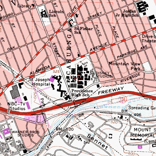 Topographic Map of Disney Studios, CA