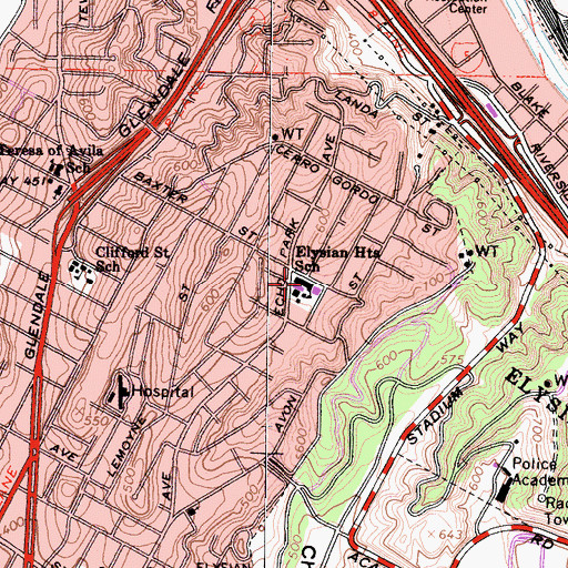 Topographic Map of Elysian Heights Elementary School, CA