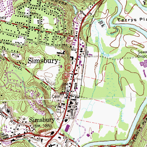 Topographic Map of Simsbury Volunteer Fire Company Main Station, CT