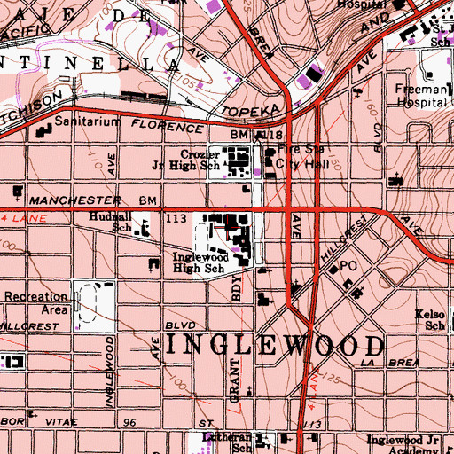 Topographic Map of Inglewood High School, CA
