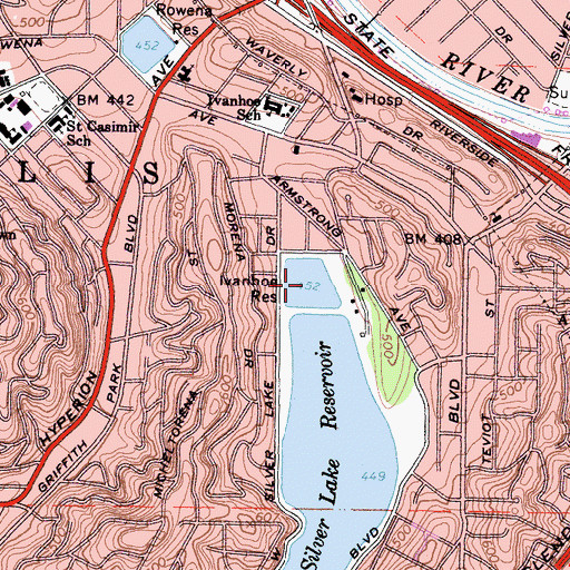 Topographic Map of Ivanhoe Reservoir, CA