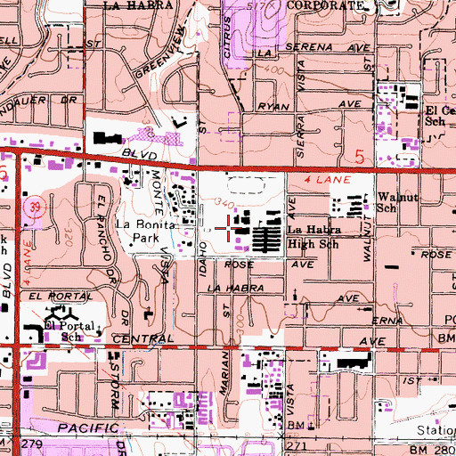 Topographic Map of La Habra High School, CA