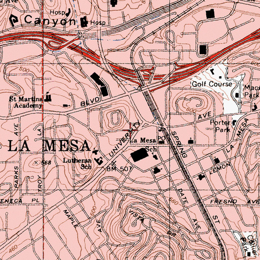 Topographic Map of La Mesa Library, CA