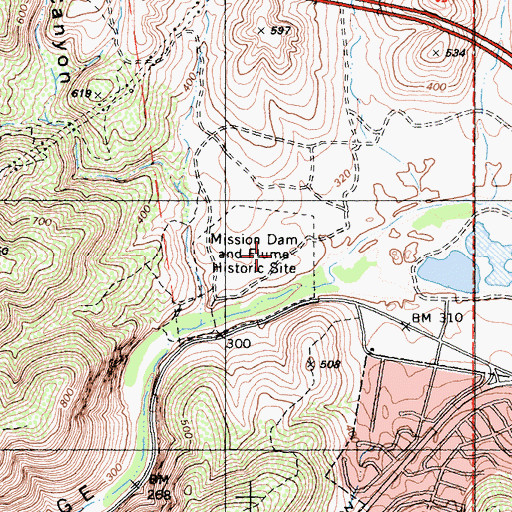 Topographic Map of Mission Dam and Flume Historic Site, CA