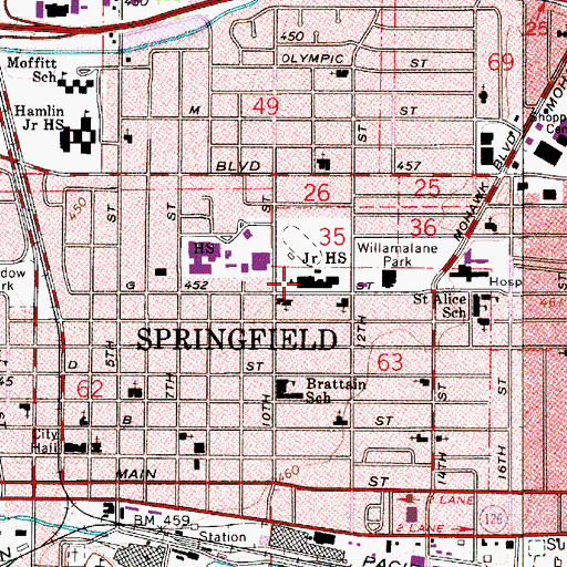 Topographic Map of Springfield Middle School (historical), OR