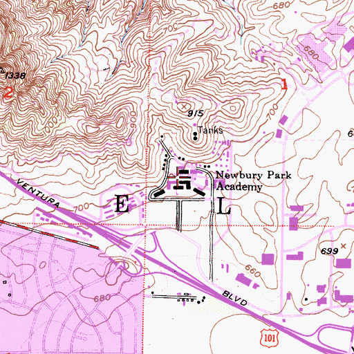 Topographic Map of Newbury Park Academy, CA