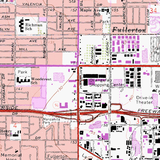 Topographic Map of Orange Fair Shopping Center, CA