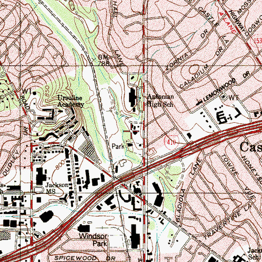 Topographic Map of Castle Hills Christian Church, TX