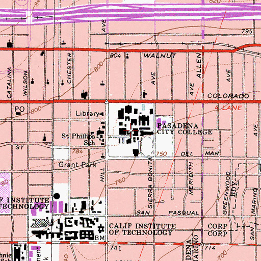Topographic Map of Pasadena City College, CA