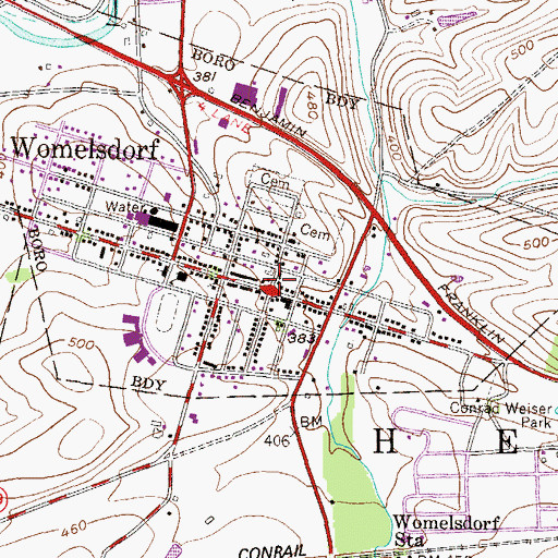 Topographic Map of Womelsdorf Town Hall, PA