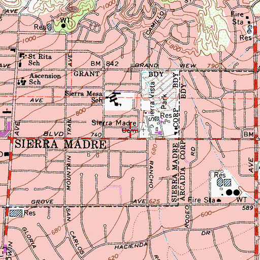 Topographic Map of Sierra Madre Pioneer Cemetery, CA