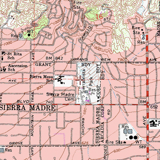 Topographic Map of Sierra Vista Park, CA