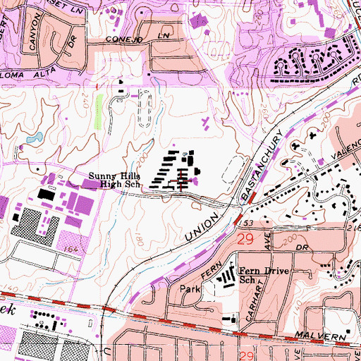 Topographic Map of Sunny Hills High School, CA