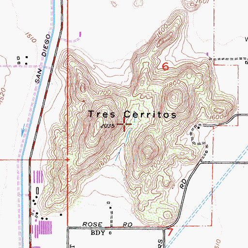 Topographic Map of Tres Cerritos, CA