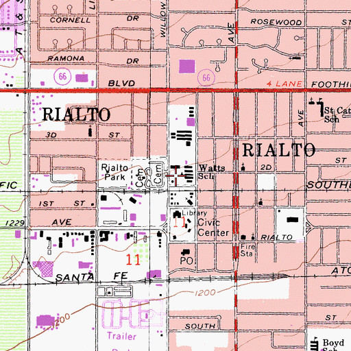 Topographic Map of Watts School, CA
