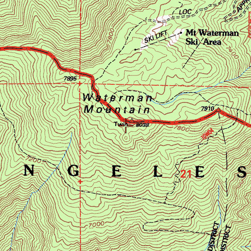 Topographic Map of Waterman Mountain, CA