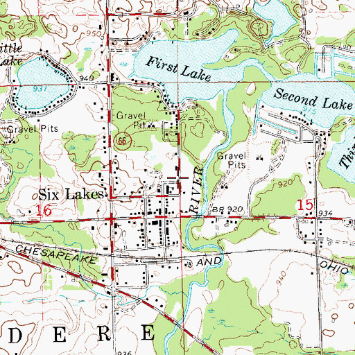 Topographic Map of Six Lakes Post Office, MI