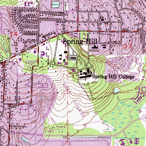 Topographic Map of Spring Hill College Fairways Parking Lot, AL
