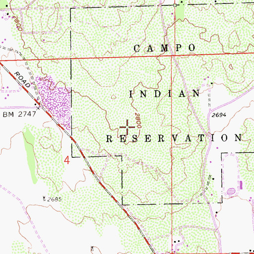 Topographic Map of Campo Census Designated Place, CA