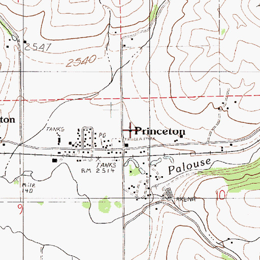Topographic Map of Princeton Census Designated Place, ID